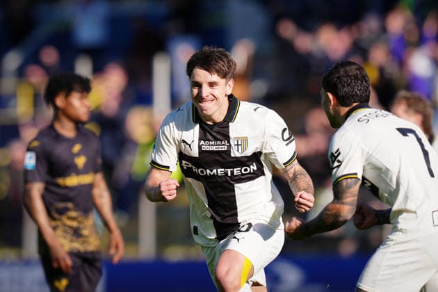 Parma s Adrian Bernabe celebrates after scoring the 1-0 goal for his team during the Serie A soccer match between Parma and Verona at Ennio Tardini Stadium in Parma, North Italy, Sunday, February 15, 2026. Soccer  Copyright: xMassimoxPaolone LaPressex