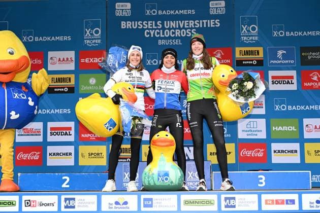Dutch Lucinda Brand, Dutch Ceylin Del Carmen Alvarado and Dutch Manon Bakker pictured on the podium after the women elite race of the Brussels Universities cyclocross cycling event, stage 8 8 in the X20 Badkamers Trofee competition, Sunday 15 February 2026 in Brussels, Belgium. MAARTENxSTRAETEMANS  x163600533x