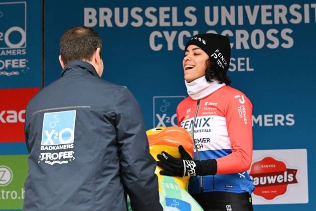 Dutch Ceylin Del Carmen Alvarado celebrates on the podium after winning the women elite race of the Brussels Universities cyclocross cycling event, stage 8 8 in the X20 Badkamers Trofee competition, Sunday 15 February 2026 in Brussels, Belgium. MAARTENxSTRAETEMANS  x163600996x