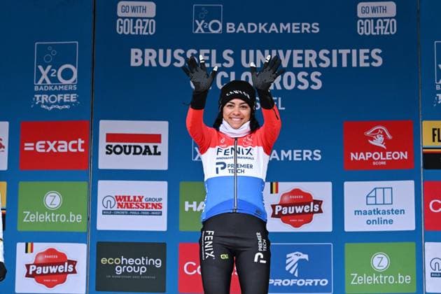 Dutch Ceylin Del Carmen Alvarado celebrates on the podium after winning the women elite race of the Brussels Universities cyclocross cycling event, stage 8 8 in the X20 Badkamers Trofee competition, Sunday 15 February 2026 in Brussels, Belgium. MAARTENxSTRAETEMANS  x163601010x