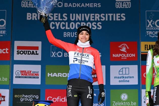 Dutch Ceylin Del Carmen Alvarado celebrates on the podium after winning the women elite race of the Brussels Universities cyclocross cycling event, stage 8 8 in the X20 Badkamers Trofee competition, Sunday 15 February 2026 in Brussels, Belgium. MAARTENxSTRAETEMANS  x163601022x