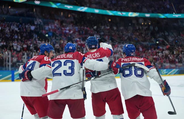 (260215) -- MILAN, Feb. 15, 2026 -- Players of the Czech Republic celebrate during the Ice hockey, Eishockey men s preliminary round group A match between Switzerland and the Czech Republic of the Milan-Cortina 2026 Olympic Winter games, Winterspiele,Spiele, Summer games in Milan, Italy, Feb. 15, 2026. ) (MICO2026)ITALY-MILAN-OLYMPIC WINTER GAMES-ICE HOCKEY-MEN-PRELIMINARY-SUI VS CZE TaoxXiyi 
