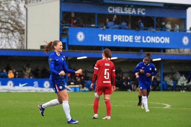 GOAL: Sjoeke Nüsken of Chelsea Women makes it 1-0 during the Women s Super League match between Chelsea Women and Liverpool Women at the Kingsmeadow Stadium, Kingston, England on 15 February 2026. Copyright: xCarltonxMyriex 44540004