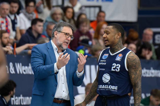 Silvano Poropat MBC, Head Coach, interim , Charles Callison MBC, 23 , Syntainics MBC vs Rostock Seawolves, Basketball, 1 Bundesliga, Men, 20 Matchday Main Round, Season 2025 26, 15 02 2026 Weißenfels Stadthalle Sachsen Anhalt Germany
