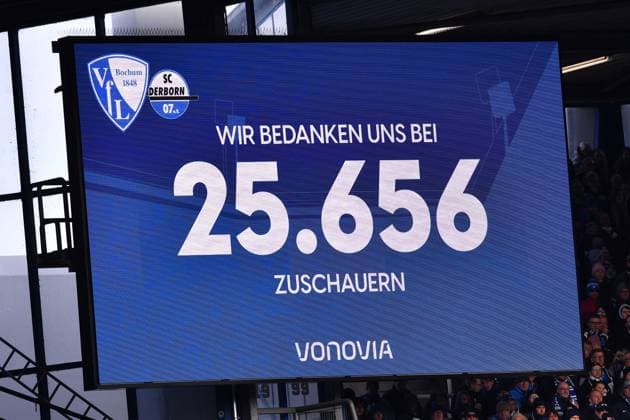 Soccer 2 Bundesliga 22 Matchday VfL Bochum SC Paderborn 07 on 15 02 2026 at the Vonovia Ruhrstadion in Bochum The scoreboard at the Vonovia Ruhrstadion shows the number of spectators 25 656 DFL regulations prohibit any use of photographs as image sequences and or quasi video xRx