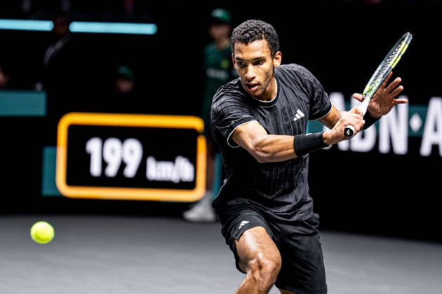 2026-02-15 ABN AMRO Open - Day Seven ROTTERDAM, NETHERLANDS - FEBRUARY 15: Felix Auger-Aliassime competing in the final during Day Seven of the ABN AMRO Open at Rotterdam Ahoy on February 15, 2026 in Rotterdam, Netherlands. (Photo by Gabriel Calvino Alonso BSR Agency) Rotterdam Netherlands Content not available for redistribution in The Netherlands directly or indirectly through any third parties. Copyright: xBSRxAgencyx