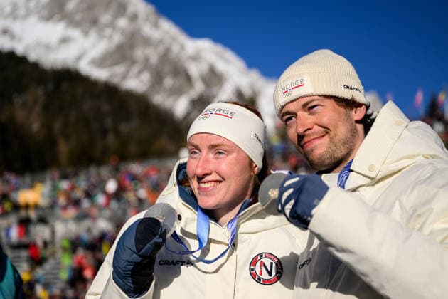 260215 Silver medalist Maren Kirkeeide of Norway and silver medalist Sturla Holm Laegreid of Norway for men s 12,5 km pursuit pose with their medals after the women s biathlon 10 km pursuit during day 9 of the 2026 Winter Olympics on February 15, 2026 in Anterselva. Photo: Mathias Bergeld BILDBYRAN kod MB MB1330 skidskytte biathlon skiskyting Olympic Games, Olympische Spiele, Olympia, OS olympics winter olympics os ol olympiska spel vinter-os olympiske leker milano cortina 2026 milan cortina 2026 milano cortina 2026 olympic games milano cortina 2026 winter olympic games milano cortina-os milano cortina-ol vinter-ol 9 bbeng pursuit jaktstart jubel *** 260215 Silver medalist Maren Kirkeeide of Norway and silver medalist Sturla Holm Laegreid of Norway for men s 12,5 km pursuit pose with their medals after the women s biathlon 10 km pursuit during day 9 of the 2026 Winter Olympics on February 15, 2026 in Anterselva Photo Mathias Bergeld BILDBYRAN code MB MB1330 biathlon biathlon olympic games olympics olympics winter olympics os ol olympic games winter os olympic games milano cortina 2026 milan cortina 2026 milano cortina 2026 olympic games milano cortina 2026 winter olympic games milano cortina os milano cortina ol winter ol 9 bbeng pursuit jaktstart jubel  Copyright: MATHIASxBERGELD BB260215MB127