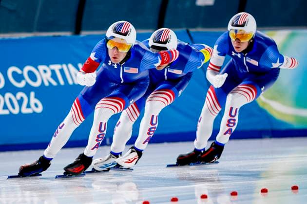 Ethan Cepuran of United States of America and Casey Dawson of United States of America and Emery Lehman of United States of America Men s Team Pursuit Quarterfinals, Milano Cortina 2026 Winter Olympics: Day 9, Speed skating, Eisschnelllauf - Milano Cortina 2026 Winter Olympics: Day 9, Milano Speed Skating Stadium, February 15, 2026, Milan, Italy.