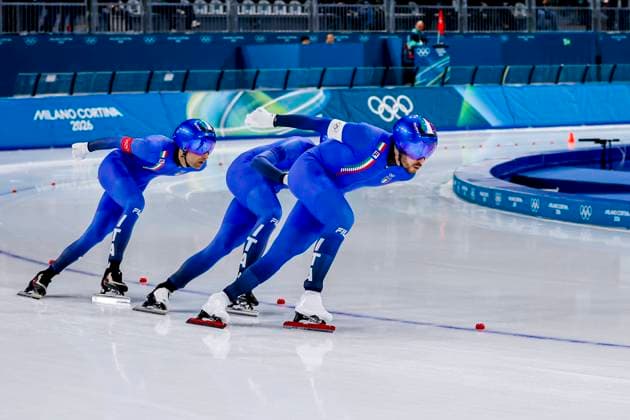 Davide Ghiotto of Italy and Andrea Giovannini of Italy and Michele Malfatti of Italy Ethan Men s Team Pursuit Quarterfinals, Milano Cortina 2026 Winter Olympics: Day 9, Speed skating, Eisschnelllauf - Milano Cortina 2026 Winter Olympics: Day 9, Milano Speed Skating Stadium, February 15, 2026, Milan, Italy.