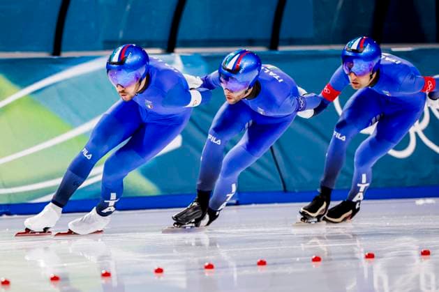 Davide Ghiotto of Italy and Andrea Giovannini of Italy and Michele Malfatti of Italy Men s Team Pursuit Quarterfinals, Milano Cortina 2026 Winter Olympics: Day 9, Speed skating, Eisschnelllauf - Milano Cortina 2026 Winter Olympics: Day 9, Milano Speed Skating Stadium, February 15, 2026, Milan, Italy.