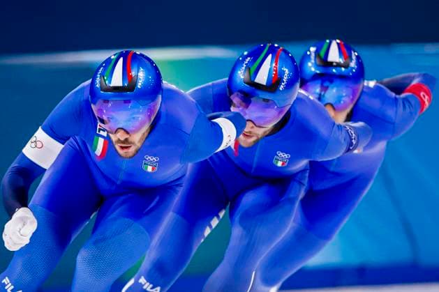 Davide Ghiotto of Italy and Andrea Giovannini of Italy and Michele Malfatti of Italy Men s Team Pursuit Quarterfinals, Milano Cortina 2026 Winter Olympics: Day 9, Speed skating, Eisschnelllauf - Milano Cortina 2026 Winter Olympics: Day 9, Milano Speed Skating Stadium, February 15, 2026, Milan, Italy.