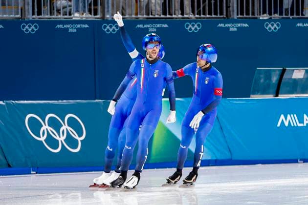 Davide Ghiotto of Italy and Andrea Giovannini of Italy and Michele Malfatti of Italy Ethan celebrates after Men s Team Pursuit Quarterfinals, Milano Cortina 2026 Winter Olympics: Day 9, Speed skating, Eisschnelllauf - Milano Cortina 2026 Winter Olympics: Day 9, Milano Speed Skating Stadium, February 15, 2026, Milan, Italy.