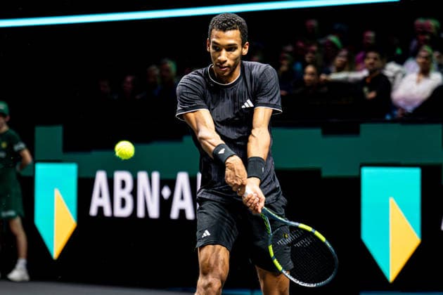 2026-02-15 ABN AMRO Open - Day Seven ROTTERDAM, NETHERLANDS - FEBRUARY 15: Felix Auger-Aliassime competing in the final during Day Seven of the ABN AMRO Open at Rotterdam Ahoy on February 15, 2026 in Rotterdam, Netherlands. (Photo by Gabriel Calvino Alonso BSR Agency) Rotterdam Netherlands Content not available for redistribution in The Netherlands directly or indirectly through any third parties. Copyright: xBSRxAgencyx