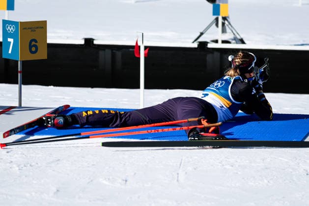Antholz, Italien 15. Februar 2026: Biathlon Verfolgung Frauen 12,5 km - Olympia 2026 Im Bild: Franziska Preuss (GER) beim Schiessen Anterselva Biathlon Arena *** Antholz, Italy 15 February 2026 Biathlon pursuit women 12.5 km Olympic Games 2026 In the picture Franziska Preuss GER shooting Anterselva Biathlon Arena Copyright: xFotostandx xHettichx