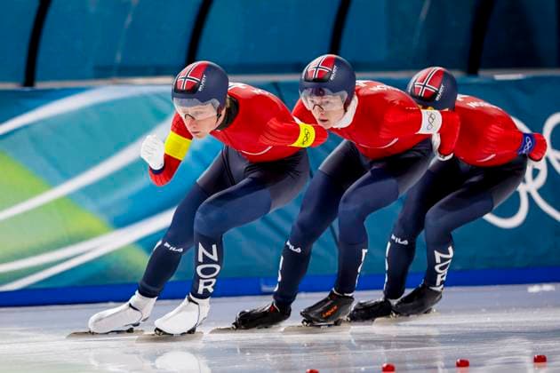 Sigurd Holbo Dyrset of Norway and Peder Kongshaug of Norway and Didrik Eng Strand of Norway Men s Team Pursuit Quarterfinals, Milano Cortina 2026 Winter Olympics: Day 9, Speed skating, Eisschnelllauf - Milano Cortina 2026 Winter Olympics: Day 9, Milano Speed Skating Stadium, February 15, 2026, Milan, Italy.