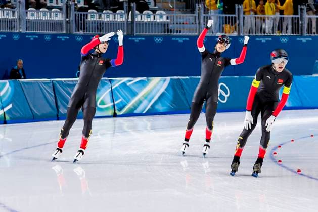 Hanbin Liu of China and Yu Wu of China and Wenhao Li of China celebrates after Men s Team Pursuit Quarterfinals, Milano Cortina 2026 Winter Olympics: Day 9, Speed skating, Eisschnelllauf - Milano Cortina 2026 Winter Olympics: Day 9, Milano Speed Skating Stadium, February 15, 2026, Milan, Italy.