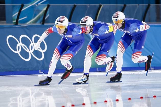 MILAN , 15-02-2026 , Milano Speed skating, Eisschnelllauf Stadium , Olympic Winter games, Winterspiele,Spiele, Summer games 2026 - Speed Skating Team Pursuit men qualification, Picture shows Team USA E . Cepuran, C . Dawson, E . Lehman Olympic Winter Games 2026 - Speed Skating Team Pursuit men qualification  x201627289x Copyright: