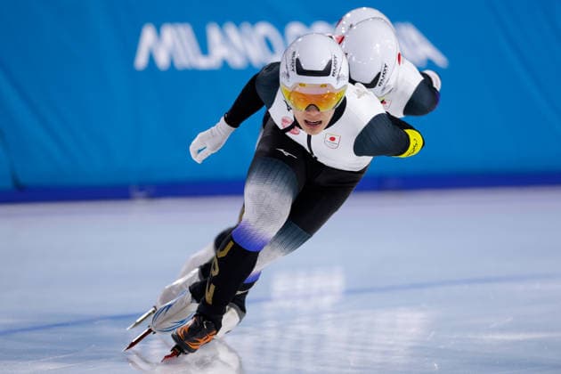 2026-02-15 Speed skating, Eisschnelllauf - Milano Cortina 2026 Winter Olympics - Day 9 MILAN, ITALY - FEBRUARY 15: Motonaga Arito of Japan, Shomu Sasaki of Japan, Kazuya Yamada of Japan competing in the Men s Team Pursuit during Day 9 of Speed Skating - Milano Cortina 2026 Winter Olympics at Milano Speed Skating Stadium on February 15, 2026 in Milan, Italy. (Photo by Joris Verwijst BSR Agency) Milan Italy Content not available for redistribution in The Netherlands directly or indirectly through any third parties. Copyright: xBSRxAgencyx