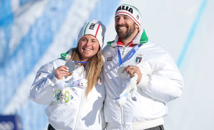 Milano Cortina 2026 - XXV Olympic Winter games, Winterspiele,Spiele, Summer games Livigno - Italy Mixed Team Snowboard Cross Image Show: Silver Medal ITA SOMMARIVA Lorenzo MOIOLI Michela  Copyright: xSergioxBisi IPAxSportx xipa-agency.netx xx IPA_71559064 IPA_Agency_IPA71559064