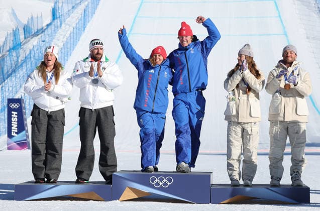 Milano Cortina 2026 - XXV Olympic Winter games, Winterspiele,Spiele, Summer games Livigno - Italy Mixed Team Snowboard Cross Image Show: Podium Mixed Team Snowboard Cross  Copyright: xSergioxBisi IPAxSportx xipa-agency.netx xx IPA_71559069 IPA_Agency_IPA71559069