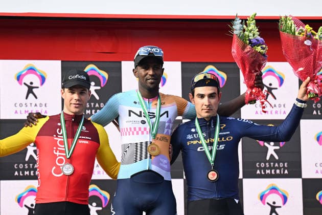 15-02-2026 Clasica De Almeria; 2026, Nsn; 2026, Cofidis; 2026, Pinarello - Q36.5; Gyrmai Hailu, Biniam; Fretin, Milan; Moschetti, Matteo; Roquetas De Mar; 