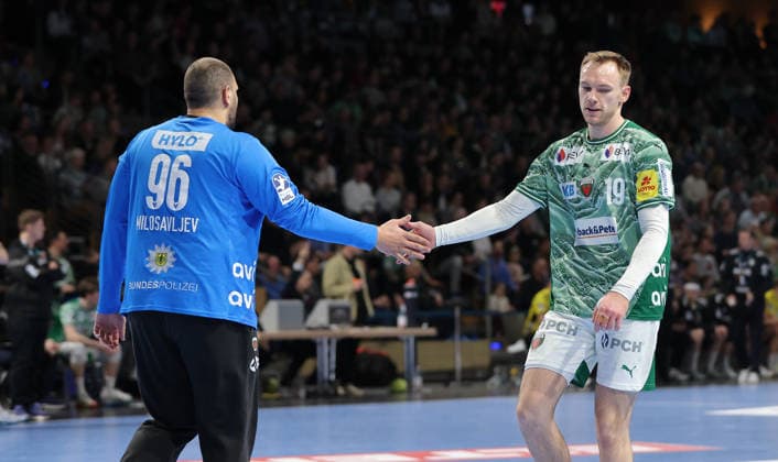 Goalkeeper Dejan Milosavljev high-fives with Mathias Gidsel Upper body action Sport Handball HBL Bundesliga Men 21 Matchday Season 2025 2026 15 02 2026 Füchse Berlin vs TBV 1898 Stuttgart