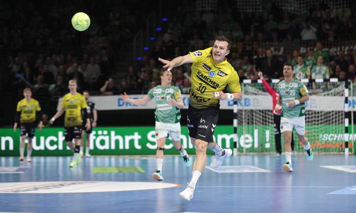 Marco Mengon scores a goal, Empty Goal Sport Handball HBL Bundesliga Men 21 Matchday Season 2025 2026 15 02 2026 Füchse Berlin vs TBV 1898 Stuttgart