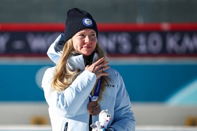 ITALY, TRENTINO-SOUTH TYROL - FEBRUARY 15, 2026: Suvi Minkkinen of Finland celebrates her bronze medal for the women s 10km pursuit race during the 2026 Winter Olympic Games, Olympische Spiele, Olympia, OS at the Antholz-Anterselva Biathlon Arena 2026 Winter Olympics: Biathlon  - ZUMAt113 20260215_zaa_t113_324 Copyright: xMikhailxTereshchenkox