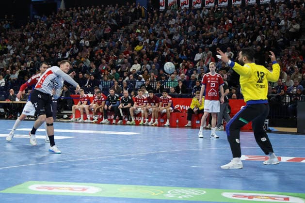 2026 02 15 xfsx Handballl 1 Bundesliga Hamburger Sportverein Handball SG Flensburg Handewitt f l Emil Manfeldt Jakobsen 31, SG Flensburg Handewitt , Goalkeeper Mohamed El Tayar 12, HSV Hamburg Handball in action, in action Copyright: HMBxMedia FernandoxSoares