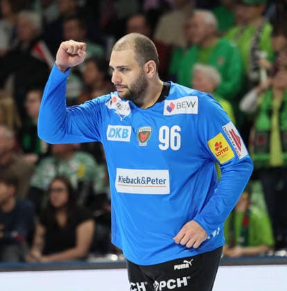 GER HBL season 2025 2026 FÜCHSE Berlin vs TV Stuttgart, 15 02 26, Max Schmeling Halle, Berlin, Dejan MILOSAVLJEV Füchse Berlin 96 cheers after a successful save, fist, emotion