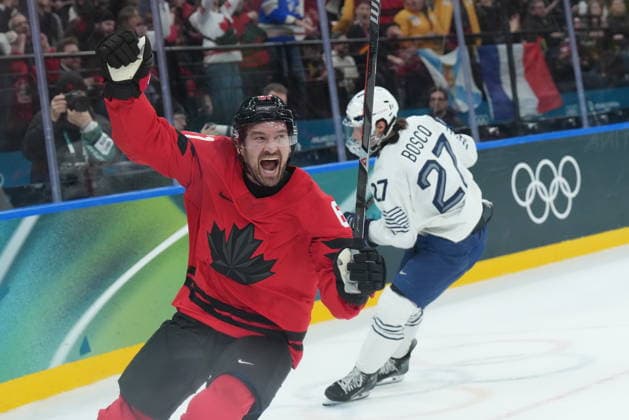 February 15, 2026, Milan, ITALY: Mark Stone (61) of Team Canada celebrates his short-handed goal Team France during first period Olympic hockey action at the 2026 Milan Cortina Winter Olympics in Milan, Italy on Sunday Feb. 15, 2026. Canada News - February 15, 2026  - ZUMAc35_ 20260215_zaf_c35_076 Copyright: xNathanxDenettex