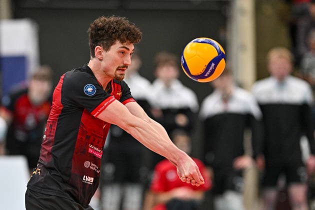 VBL MTV Ludwigsburg BR Recycling Volleys 15 02 2026 Volleyball, 1 Bundesliga, Men, Season 2025 26, Barock Volleys MTV Ludwigsburg in Red Black vs Berlin Recycling Volleys in Orange Black , Tim Köpfli, Copyright: xBEAUTIFULxSPORTS TomxBlochx
