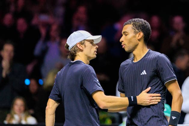 2026-02-15 ABN AMRO Open ROTTERDAM, NETHERLANDS - FEBRUARY 15: Alex de Minaur of Australia, Felix Auger-Aliassime of Canada during the Final at the ABN AMRO Open at Ahoy on February 15, 2026 in Rotterdam, Netherlands. Rotterdam Ahoy Netherlands Content not available for redistribution in The Netherlands directly or indirectly through any third parties. Copyright: xMarcelxvanxPlateringenx