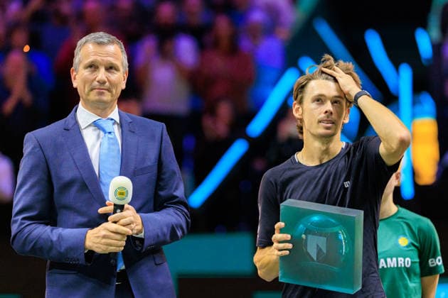 2026-02-15 ABN AMRO Open ROTTERDAM, NETHERLANDS - FEBRUARY 15: Tournament director Richard Krajicek, Alex de Minaur of Australia during the Final at the ABN AMRO Open at Ahoy on February 15, 2026 in Rotterdam, Netherlands. Rotterdam Ahoy Netherlands Content not available for redistribution in The Netherlands directly or indirectly through any third parties. Copyright: xMarcelxvanxPlateringenx