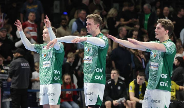 Mathias Gidsel, Lasse Andersson, Nils Lichtlein, Füchse team cheers after the end of the game Joy Emotion Cheers Sport Handball HBL Bundesliga Men 21 Matchday Season 2025 2026 15 02 2026 Füchse Berlin vs TBV 1898 Stuttgart