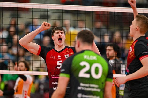 VBL MTV Ludwigsburg BR Recycling Volleys 15 02 2026 Volleyball, 1 Bundesliga, Men, Season 2025 26, Barock Volleys MTV Ludwigsburg in Red Black vs Berlin Recycling Volleys in Orange Black , Jan Huber is happy, Copyright: xBEAUTIFULxSPORTS TomxBlochx