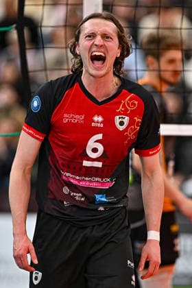 VBL MTV Ludwigsburg BR Recycling Volleys 15 02 2026 Volleyball, 1 Bundesliga, Men, Season 2025 26, Barock Volleys MTV Ludwigsburg in Red Black vs Berlin Recycling Volleys in Orange Black , Ben Simon Bonin, Copyright: xBEAUTIFULxSPORTS TomxBlochx