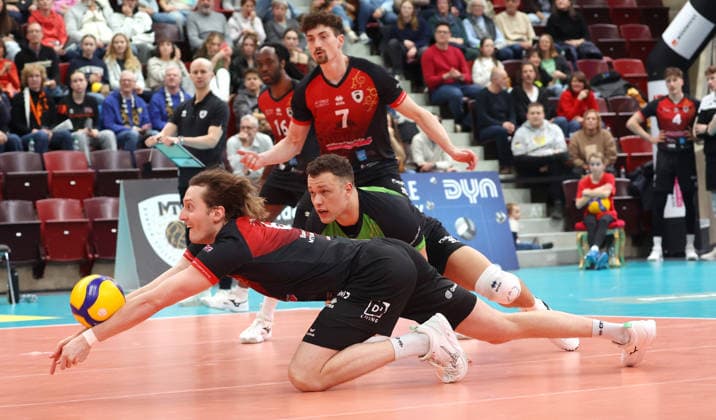 15 02 2026, Germany, Ludwigsburg Volleyball Barock Volleys MTV Ludwigsburg vs Berlin Recycling Volleys, f l Ben Simon Bonin, Jeffrey Klok, Tim Köpfli LB