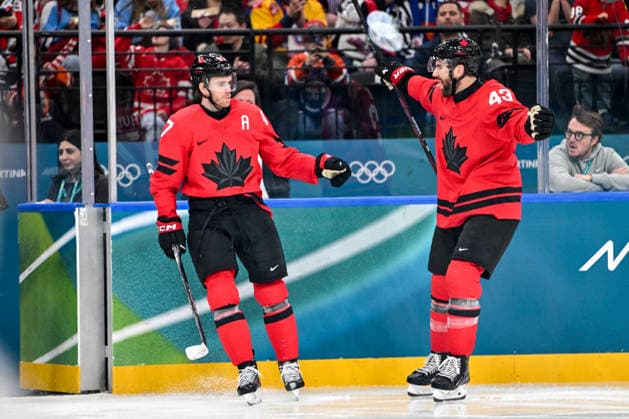 15 02 2026, Milano, Santa Giulia Ice hockey, Eishockey Arena, Winter Olympics: Canada - France (Ice Hockey), Connor McDavid of Canada (L) celebrate his goal with Tom Wilson of Canada (R) Milano Santa Giulia Ice Hockey Arena Lombardy Italy *** 15 02 2026, Milano, Santa Giulia Ice Hockey Arena, Winter Olympics Canada France Ice Hockey , Connor McDavid of Canada L celebrate his goal with Tom Wilson of Canada R Milano Santa Giulia Ice Hockey Arena Lombardy Italy Copyright: xJustPictures.ch AndreaxBrancax jp-en-AnBr-AB-AAB_581715022026