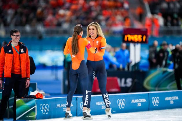 2026-02-15 - Milano Cortina 2026 Winter Olympics 500m Women MILAN, ITALY - FEBRUARY 15: Femke Kok of Netherlands, Jutta Leerdam of Netherlands during the 500m Women Milano Cortina 2026 Winter Olympics at the Milano Speed skating, Eisschnelllauf Arena on February 15, 2026 in Milan, Italy Milan Milano Speed Skating Arena Italy Content not available for redistribution in The Netherlands directly or indirectly through any third parties. Copyright: xAndrexWeeningx