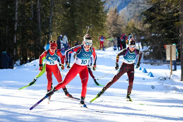 Antholz, Italien 15. Februar 2026: Biathlon Verfolgung Frauen 12,5 km - Olympia 2026 Im Bild: v.li. Lea Meier (SUI), Ingrid Landmark Tandrevold (NOR) und Julia Tannheimer (GER) Anterselva Biathlon Arena *** Antholz, Italy 15 February 2026 Biathlon Pursuit Women 12.5 km Olympia 2026 Pictured from left Lea Meier SUI , Ingrid Landmark Tandrevold NOR and Julia Tannheimer GER Anterselva Biathlon Arena Copyright: xFotostandx xHettichx