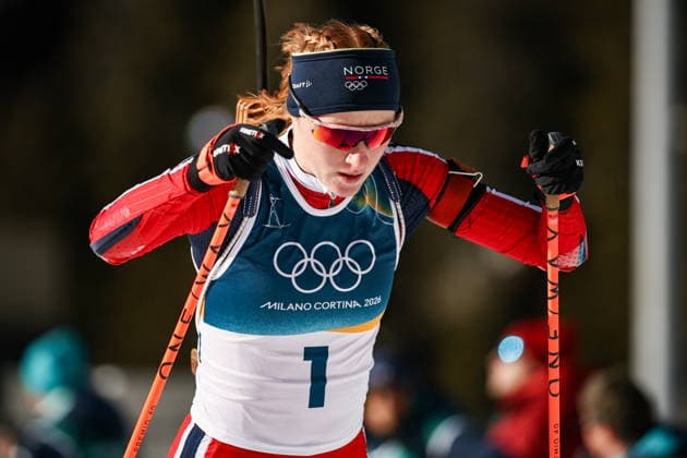 ITALY, TRENTINO-SOUTH TYROL - FEBRUARY 15, 2026: Maren Kirkeeide of Norway runs the women s 10km pursuit race during the 2026 Winter Olympic Games, Olympische Spiele, Olympia, OS at the Antholz-Anterselva Biathlon Arena. Mikhail Tereshchenko TASS  88764677