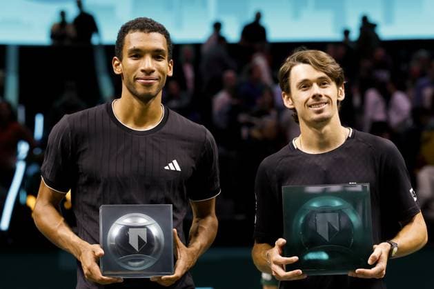 ROTTERDAM - Alex de Minaur (Australia) and Felix Auger-Aliassime (Canada) during the singles final on the final day of the ABN AMRO tennis tournament in Ahoy Rotterdam. BAS CZERWINSKI ANP xVIxANPxSportx xxANPxIVx 550803374 originalFilename: 550803374.jpg