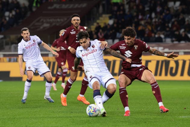 Turin, Italy, 15th February 2026. Santiago Castro of Bologna FC turns Luca Marianucci of Torino FC before scoring the give the visitors a 2-1 lead during the Torino vs Bologna Serie A match at Stadio Grande Torino, Turin. Picture credit should read: Jonathan Moscrop Sportimage EDITORIAL USE ONLY. No use with unauthorised audio, video, data, fixture lists, club league logos or live services. Online in-match use limited to 120 images, no video emulation. No use in betting, games or single club league player publications. SPI_040_TORO_BOLOGNA SPI-4525-0040