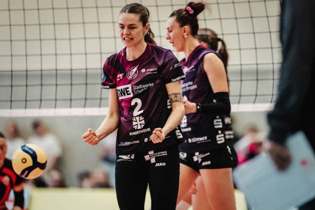 Volleyball Women Season 2025 2026 Volleyball Bundesliga ETV Hamburger Volksbank Volleys vs Schwarz Weiß Erfurt 15 02 2026 Elizabeth Sandbothe 2, Schwarz Weiß Erfurt jubelt Hamburg Sporthalle Hoheluft Hamburg Germany