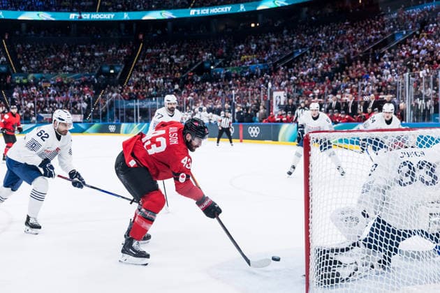 MILANO, ITALY - FEBRUARY 15: Tom Wilson (Canada, 43) shoots the puck during the Ice hockey, Eishockey Men Canada vs France - Preliminary Round - Group A at the Milano Cortina 2026 Olympics at Milano Santagiulia Ice Hockey Arena on day 9 of the Milano Cortina 2026 Olympics on February 15, 2026 in Milano, Italy. Editorial use only. Italy Copyright: xSteffiexWunderlx