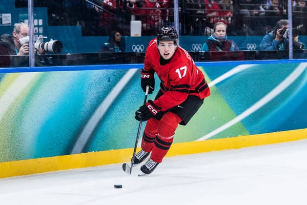 MILANO, ITALY - FEBRUARY 15: Macklin Celebrini (Canada, 17) controls the puck during the Ice hockey, Eishockey Men Canada vs France - Preliminary Round - Group A at the Milano Cortina 2026 Olympics at Milano Santagiulia Ice Hockey Arena on day 9 of the Milano Cortina 2026 Olympics on February 15, 2026 in Milano, Italy. Editorial use only. Italy Copyright: xSteffiexWunderlx