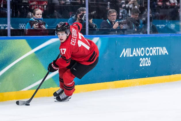 MILANO, ITALY - FEBRUARY 15: Macklin Celebrini (Canada, 17) controls the puck during the Ice hockey, Eishockey Men Canada vs France - Preliminary Round - Group A at the Milano Cortina 2026 Olympics at Milano Santagiulia Ice Hockey Arena on day 9 of the Milano Cortina 2026 Olympics on February 15, 2026 in Milano, Italy. Editorial use only. Italy Copyright: xSteffiexWunderlx