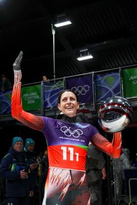 OLYMPICS - Winter Olympic Games, Olympische Spiele, Olympia, OS Milano Cortina 2026 CORTINA D AMPEZZO,ITALY,15.FEB.26 - OLYMPICS, SKELETON - Winter Olympic Games Milano Cortina 2026, mixed team. Image shows Janine Flock (AUT).  GEPAxpictures xMaticxKlansek