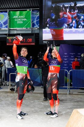 OLYMPICS - Winter Olympic Games, Olympische Spiele, Olympia, OS Milano Cortina 2026 CORTINA D AMPEZZO,ITALY,15.FEB.26 - OLYMPICS, SKELETON - Winter Olympic Games Milano Cortina 2026, mixed team. Image shows Samuel Maier and Janine Flock (AUT).  GEPAxpictures xMaticxKlansek